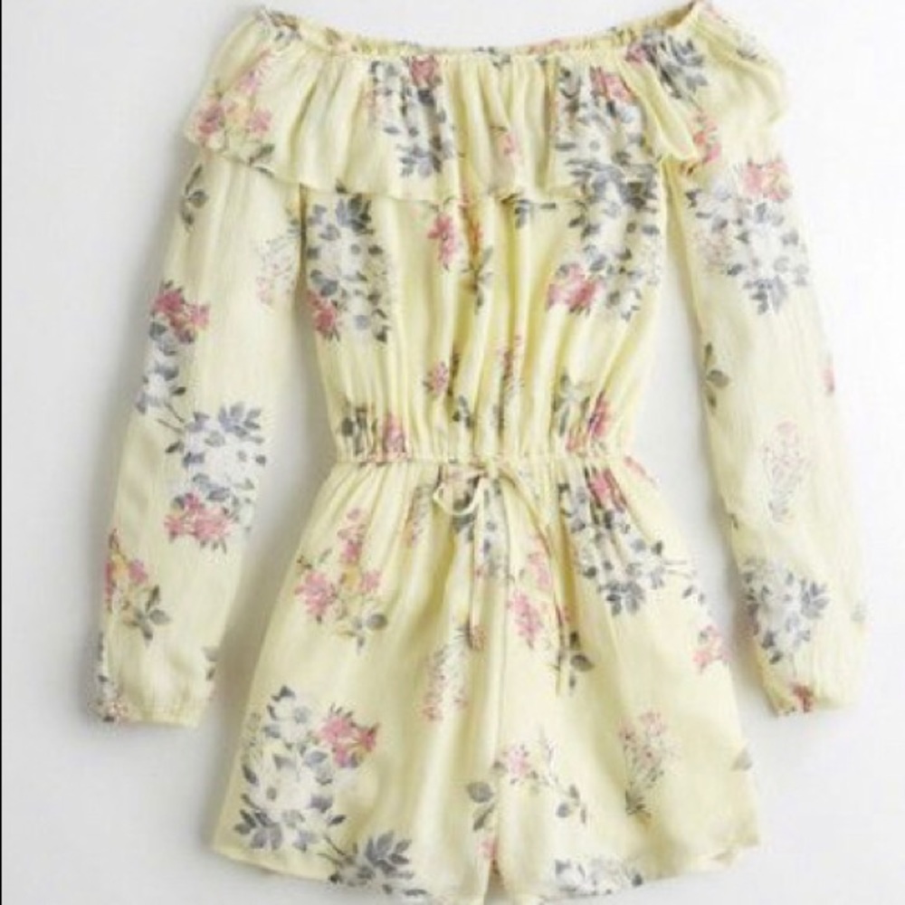 Hollister Soft Yellow Romper Medium Off The Shoulder long Sleeve Summer …